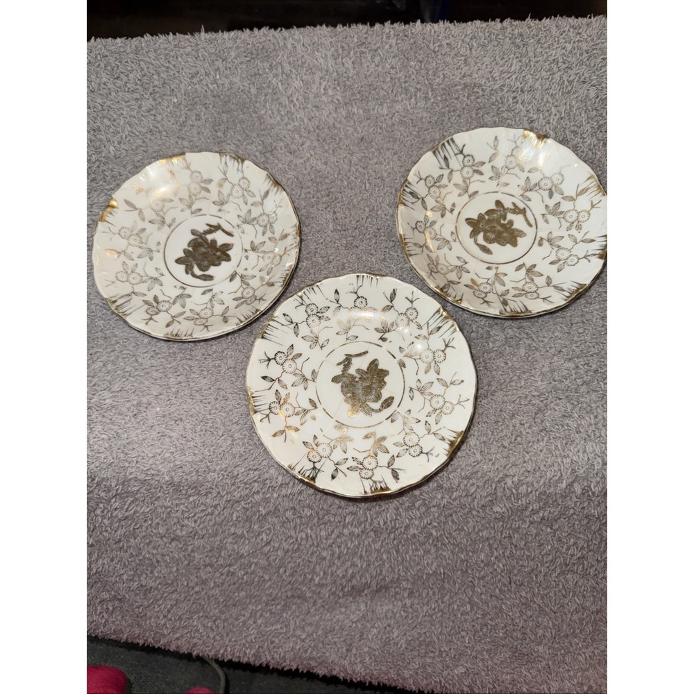 1930's Sterling China Japan Demitasse Gold & White 3 Saucers Only Vintage